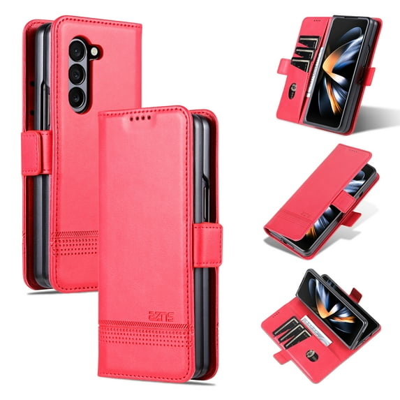Case for Samsung Galaxy Z Fold 6, Classic PU Leather Card Slots Magnetic Closure Vintage Shockproof Protective Business Case for Women Men for Samsung Galaxy Z Fold 6 - Red