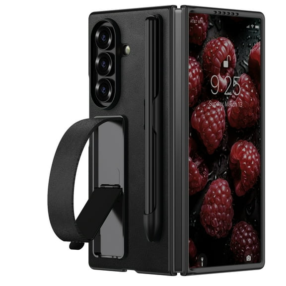 Case for Samsung Galaxy Z Fold 6, Electroplated PU Leather Case with Pen and Pen Holder, Lightweight Protective Shockproof Hand Strap Bracket Phone Cover for Samsung Galaxy Z Fold 6, Black#1