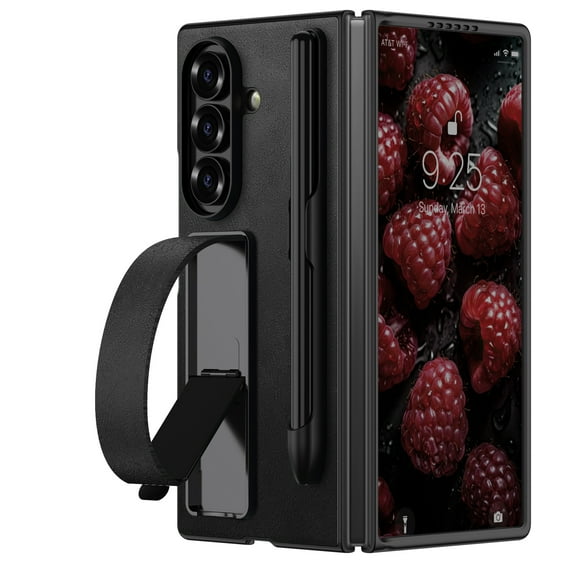 Case for Samsung Galaxy Z Fold 6, Electroplated PU Leather Case with Pen and Pen Holder, Lightweight Protective Shockproof Hand Strap Bracket Phone Cover for Samsung Galaxy Z Fold 6, Black#1