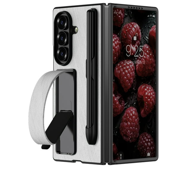 Case for Samsung Galaxy Z Fold 6, Electroplated PU Leather Case with Pen and Pen Holder, Lightweight Protective Shockproof Hand Strap Bracket Phone Cover for Samsung Galaxy Z Fold 6, White
