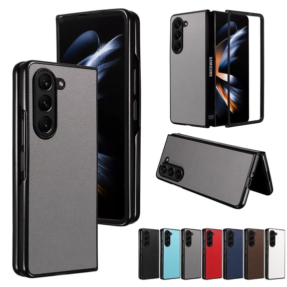 Case for Samsung Galaxy Z Fold 6 Lychee Pattern PU Leather Folding Cover, Rugged PC Bumper Shockproof Lens Protection Anti-Scratches Slim Case for Samsung Galaxy Z Fold 6, Gray
