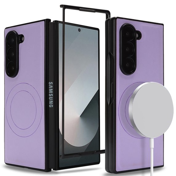 Case for Samsung Galaxy Z Fold 6, Strong Magnetic Compatible with Mag-Safe Charging, PU Leather + Hard PC Flexible TPU Shell Slim Full Shockproof Protective Phone Cover for Galaxy Z Fold 6, Purple