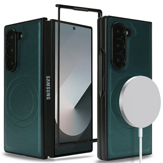 Case for Samsung Galaxy Z Fold 6, Strong Magnetic Compatible with Mag-Safe Charging, PU Leather + Hard PC Flexible TPU Shell Slim Full Shockproof Protective Phone Cover for Galaxy Z Fold 6, Green