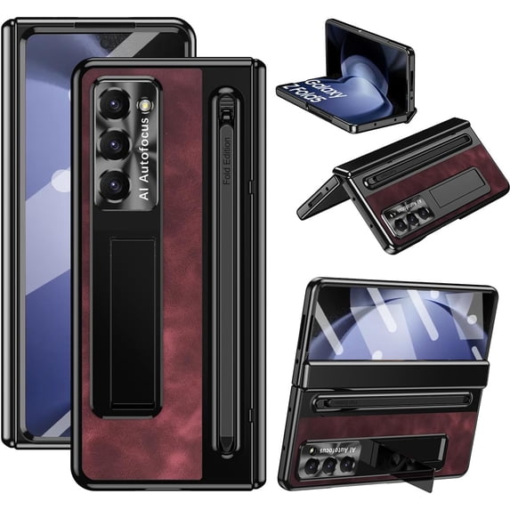 Case for Samsung Galaxy Z Fold 6 with Stylus & S Pen Holder, Kickstand Alloy CD Camera Protector Vintage Classic Leather Mil-Grade Protection Anti-Scratch Shockproof Protective Case, Rose Red
