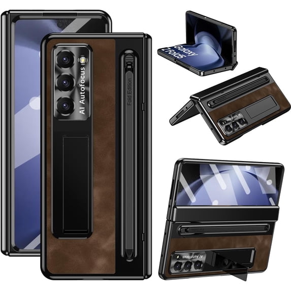 Case for Samsung Galaxy Z Fold 6 with Stylus & S Pen Holder, Kickstand Alloy CD Camera Protector Vintage Classic Leather Mil-Grade Protection Anti-Scratch Shockproof Protective Case, Coffee
