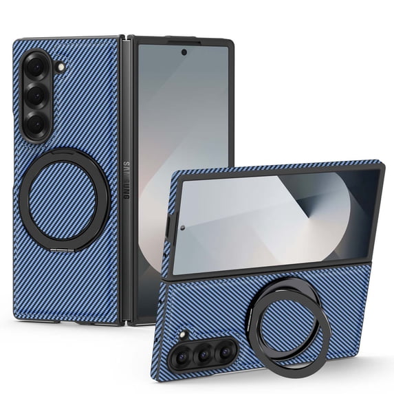 Case for Samsung Galaxy Z Fold 7, Carbon Fiber Texture, 360 Degree Rotating Ring Bracket, Compatible with MagSafe Wireless Chargers, PC Material Drop Protective Phone Cover for Z Fold 7, Blue