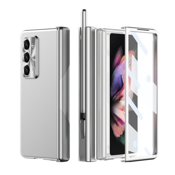 Case for Samsung Galaxy Z Fold 7, Double Hinge Protection with Pen Holder and Pen, Glossy Plating Bulit-in Screen Protector Shockproof Protective Case Cover for Samsung Galaxy Z Fold 7, Silver