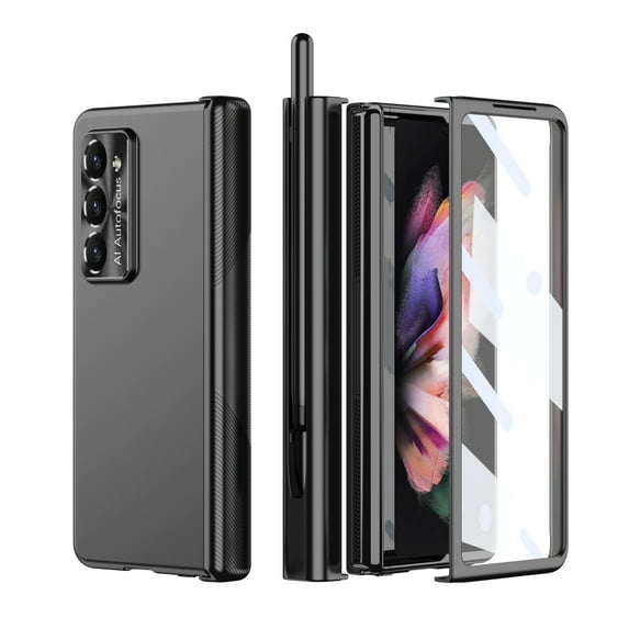 Case for Samsung Galaxy Z Fold 7, Double Hinge Protection with Pen Holder and Pen, Glossy Plating Bulit-in Screen Protector Shockproof Protective Case Cover for Samsung Galaxy Z Fold 7, Black