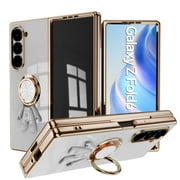 Case for Samsung Galaxy Z Fold 7, Luxury Astronaut Ring Hoder Stand Plating Ultra Slim Support Magnetic Car Mount Drop Protective Phone Case Cover for Samsung Galaxy Z Fold 7, White