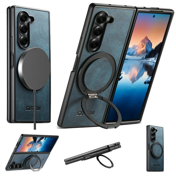 Case for Samsung Galaxy Z Fold 7, PU Leather + PC Frame, Compatible with MagSafe, Magnetic Rotating Stand, Ultra Slim Shockproof Anti-Scratch Protective Cover, for Men and Women, Blue