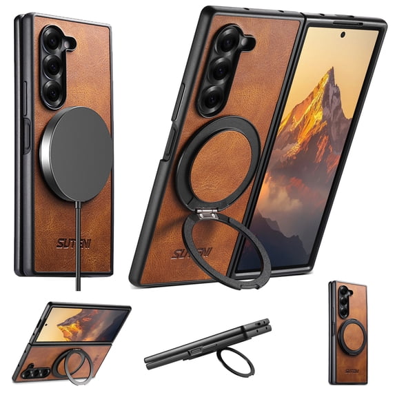 Case for Samsung Galaxy Z Fold 7, PU Leather + PC Frame, Compatible with MagSafe, Magnetic Rotating Stand, Ultra Slim Shockproof Anti-Scratch Protective Cover, for Men and Women, Brown