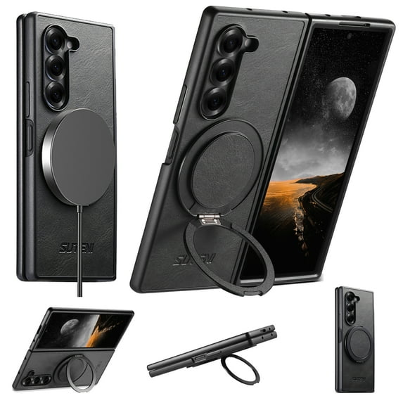 Case for Samsung Galaxy Z Fold 7, PU Leather + PC Frame, Compatible with MagSafe, Magnetic Rotating Stand, Ultra Slim Shockproof Anti-Scratch Protective Cover, for Men and Women, Black