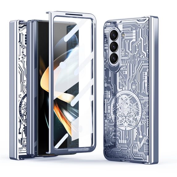 Case for Samsung Galaxy Z Fold 7, Plating Mechanical Texture Rugged PC Hinge Protection Cover with Screen Protector Lens Protection Shockproof Anti-Scratches Case, Blue