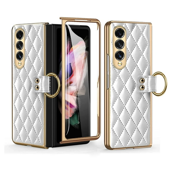 Case for Samsung Galaxy Z Fold3 Luxury PU Leather Folding Cover with Tempered Glass Screen Protector Ring Holder Anti-Slip Sticker Case, Rugged PC bumper Shockproof Anti-Scratches Case,White
