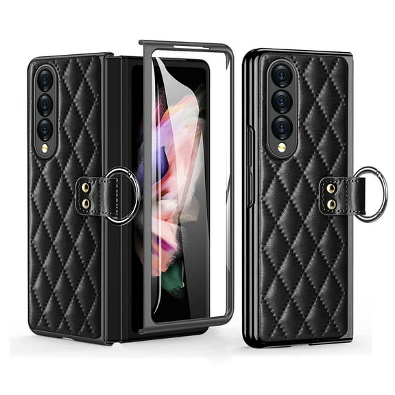 Case for Samsung Galaxy Z Fold4 Luxury PU Leather Folding Cover with Tempered Glass Screen Protector Ring Holder Anti-Slip Sticker Case, Rugged PC bumper Shockproof Anti-Scratches Case,Black