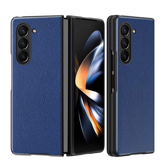 Case for Samsung Galaxy Z Fold5, Lychee Pattern Classic PU Leather + TPU Military Grade Shockproof Cover, Camera Lens Protection All-Inclusive Foldable Case for Samsung Galaxy Z Fold5, Blue