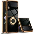 thumbnail image 1 of Case for Samsung Galaxy Z flip 4 5G 2022 with Ring Kickstand Slim Phone Case Luxury Plating Back, Rose Gold Edges, Magnetic Holder Shockproof Thin Protective Cover for Z flip 4 - Black, 1 of 7