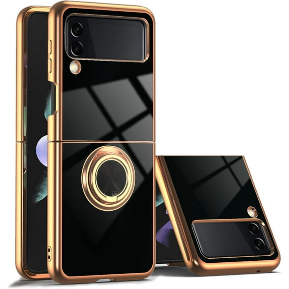 Case for Samsung Galaxy Z flip 4 5G 2022 with Ring Kickstand Slim Phone Case Luxury Plating Back, Rose Gold Edges, Magnetic Holder Shockproof Thin Protective Cover for Z flip 4 - Black