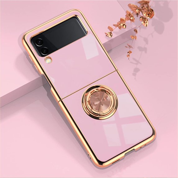 Case for Samsung Galaxy Z flip 4 5G 2022 with Ring Kickstand Slim Phone Case Luxury Plating Back, Rose Gold Edges, Magnetic Holder Shockproof Thin Protective Cover for Z flip 4 - Purple