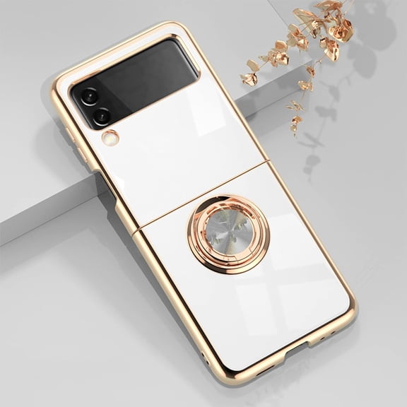 Case for Samsung Galaxy Z flip 4 5G 2022 with Ring Kickstand Slim Phone Case Luxury Plating Back, Rose Gold Edges, Magnetic Holder Shockproof Thin Protective Cover for Z flip 4 - White