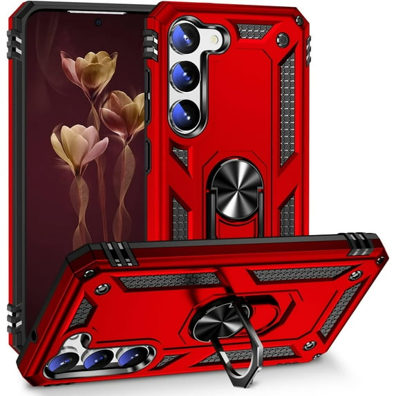 Case Samsung S23 Phone Case S23 Case with Magnetic Car Kickstand Ring & Shockproof Military Grade Drop Dual Layer Protection Phone Women Girl for Samsung Galaxy S23-Red