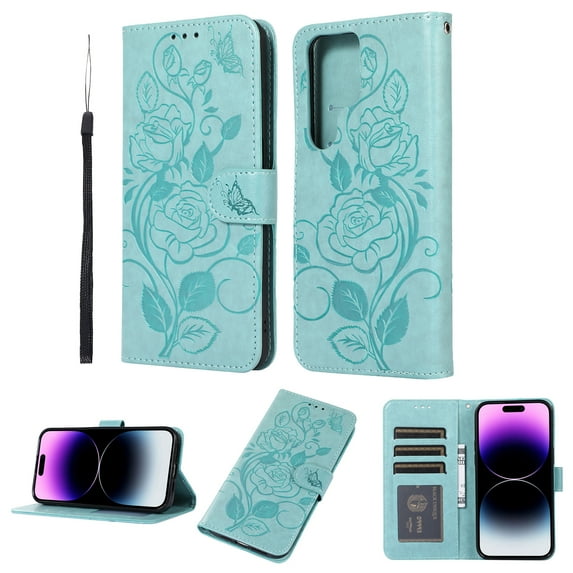 Case for Samsung S23 Ultra Wallet Case for Women Card Holder Butterfly Embossed Clover Rose Flower Flip PU Leather Magnetic Phone Cover Kickstand Lanyard for Samsung Galaxy S23 Ultra, green