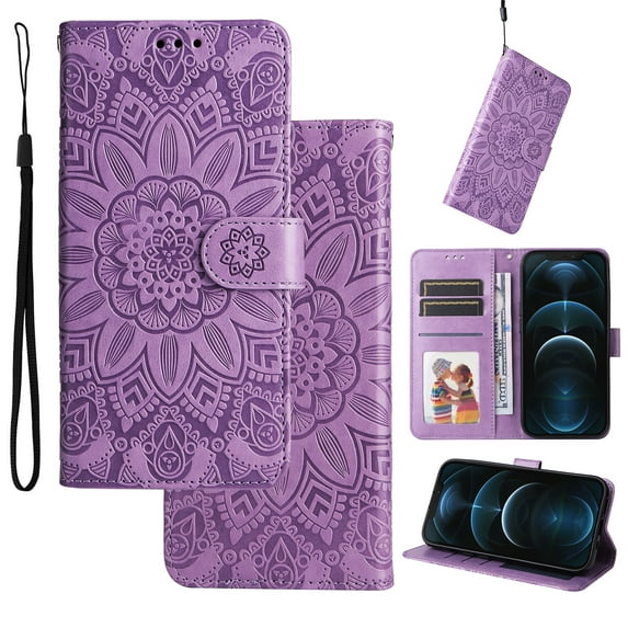 Case for Samsung S24,Premium PU Leather Magnetic Flip Wallet Case with Card Holder Cash Slot Lanyard Strap Kickstand Embossed Mandala Flower Pattern Cover for Samsung Galaxy S24, Purple