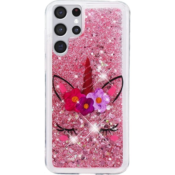 Case for Samsung S24 Ultra, Galaxy S24 Ultra Case Cute Pink Glitter Luxury Sparkle Liquid for Girls Women Quicksand Clear Soft TPU Protective Case for Samsung Galaxy S24 Ultra Wink Unicorn