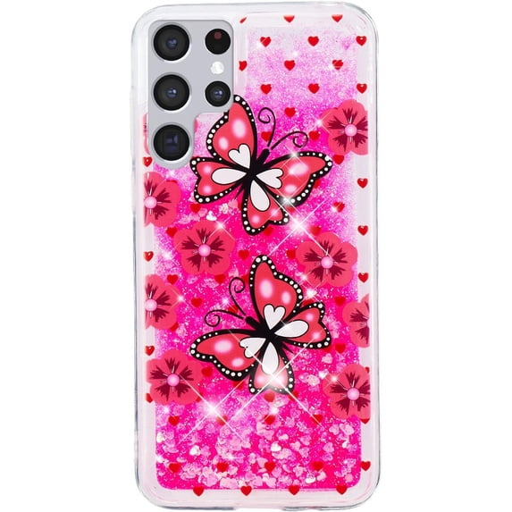 Case for Samsung S24 Ultra, Galaxy S24 Ultra Case Cute Pink Glitter Luxury Sparkle Liquid Girls Women Quicksand Clear Soft TPU Protective Case for Samsung Galaxy S24 Ultra Pink Butterfly