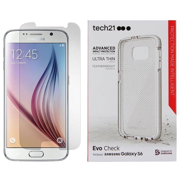 Case/Screen Protector for Galaxy S6, Tech21 Evo Check [ANTI-SHOCK] Cover + PureGear Tempered Glass Screen Guard for Samsung Galaxy S6 (SM-G920)