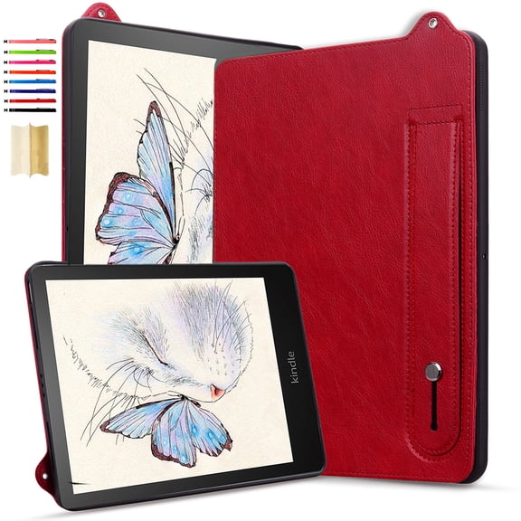 Case with Stand for 6.8" Kindle Paperwhite Case 11th Generation 2021 Release and Signature Edition - Durable PU Leather Cover with Auto Sleep Wake, Card Slot, Hand Strap Feature,Red