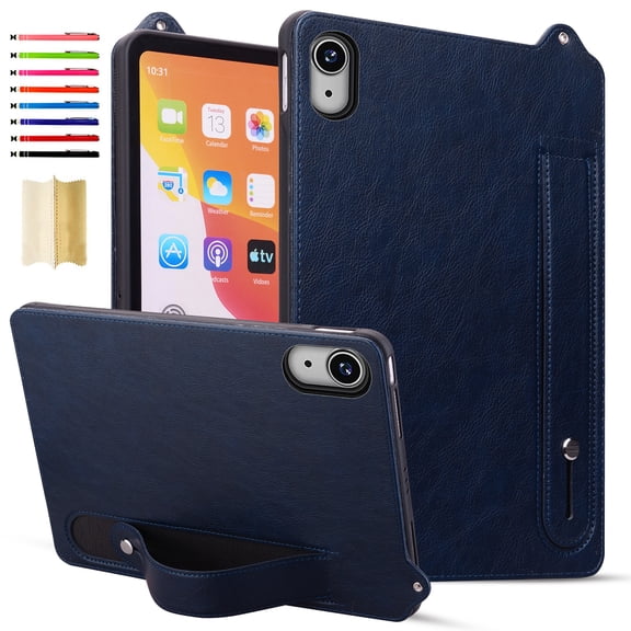 Case with Stand for iPad Mini 7 2024 (A17 Pro) & Mini 6 2021 (A2567, A2568, A2569) - Durable PU Leather Cover with Auto Sleep Wake, Card Slot, Hand Strap Feature For iPad mini6/mini7,Blue