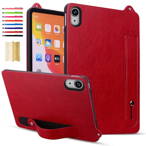 Case with Stand for iPad Mini 7 2024 (A17 Pro) & Mini 6 2021 (A2567, A2568, A2569) - Durable PU Leather Cover with Auto Sleep Wake, Card Slot, Hand Strap Feature For iPad mini6/mini7,Red