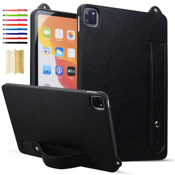 Case with Stand for iPad Pro 11 Inch Case 2024 5th Generation (M4) - Durable PU Leather Cover with Auto Sleep Wake, Card Slot, Hand Strap Feature For iPad Pro 11 2024,Black