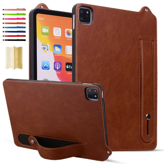 Case with Stand for iPad Pro 11 Inch Case 2024 5th Generation (M4) - Durable PU Leather Cover with Auto Sleep Wake, Card Slot, Hand Strap Feature For iPad Pro 11 2024,Brown