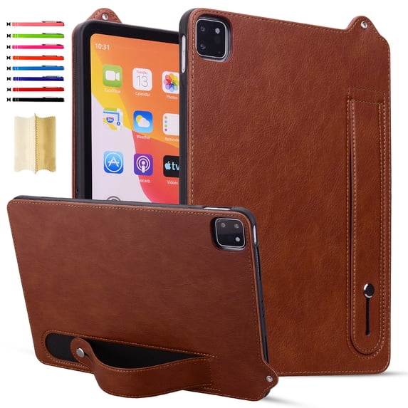 Case with Stand for iPad Pro 13 Inch Case M4 2024 (7th Gen) Model (A2925/ A2926/A3007) - Durable PU Leather Cover with Auto Sleep Wake, Card Slot, Hand Strap Feature For iPad Pro 13 2024,Brown