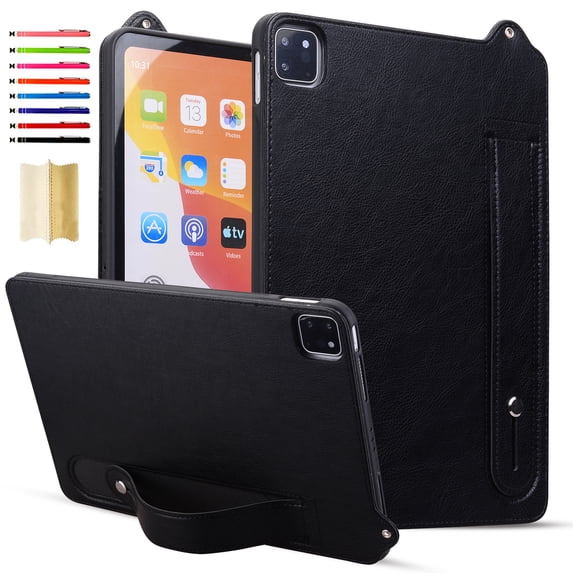 Case with Stand for iPad Pro 13 Inch Case M4 2024 (7th Gen) Model (A2925/ A2926/A3007) - Durable PU Leather Cover with Auto Sleep Wake, Card Slot, Hand Strap Feature For iPad Pro 13 2024,Black