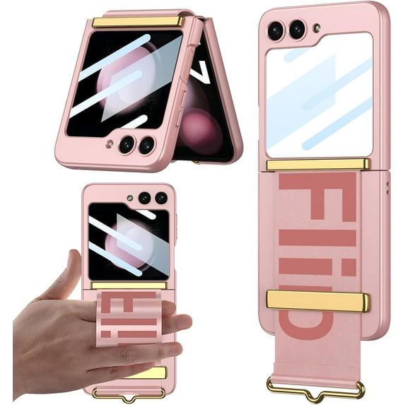 Case with Strap Compatible for Samsung Galaxy Z Flip 5 5g Case with Camera Screen Protector,Shockproof PU Leather Cover Flip Case for Samsung Galaxy Z Flip 5 Phone Case with Stand for Lady Pink