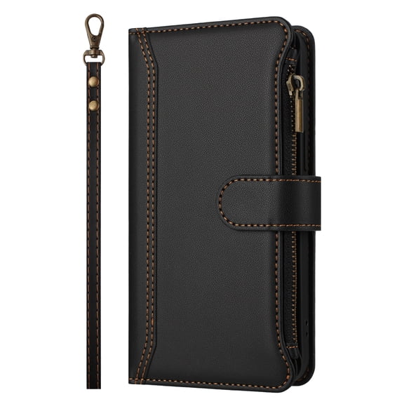 Case for TCL 305 Classic Leather Phone Case with Detachable Wrist Strap Zipper Pocket Card Holder Kickstand Support Wireless Charging Shockproof Cover