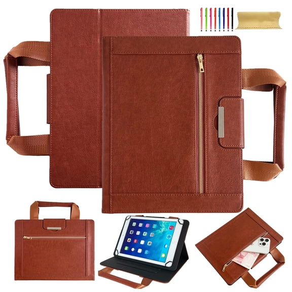 Case for Universal 7.5-8.5 Inch, Classic PU Leather Nylon Hand Strap, Card Slots Kickstand Zipper Pocket Handbag Heavy Duty Protection Rugged Cover for iPad/Samsung/Amazon Kindle/Lenovo/Onn, Brown