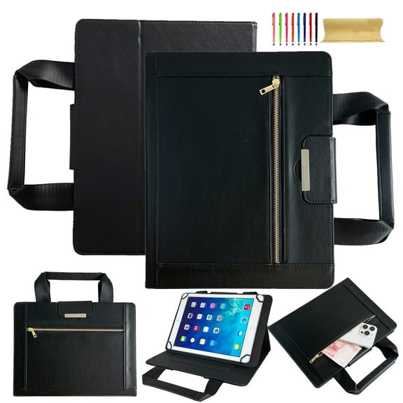 Case for Universal 7.5-8.5 Inch, Classic PU Leather Nylon Hand Strap, Card Slots Kickstand Zipper Pocket Handbag Heavy Duty Protection Rugged Cover for iPad/Samsung/Amazon Kindle/Lenovo/Onn, Black