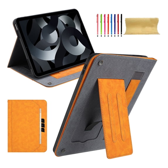 Case for Universal 7.5-8.5 Inch, Premium PU Leather Elastic Hand Strap Card Holder Foldable Muti-Angle Stand Folio Cover for iPad / Samsung / Amazon Kindle / Lenovo / Onn, Orange