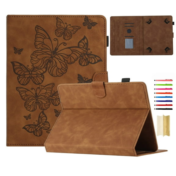 Case for Universal 9.5-10.5 Inch, Embossed PU Leather Folio Stand Cover Shockproof Drop Protective with Card Slots & Pen Holder for iPad / Samsung / Amazon Kindle / Lenovo / Onn - Brown