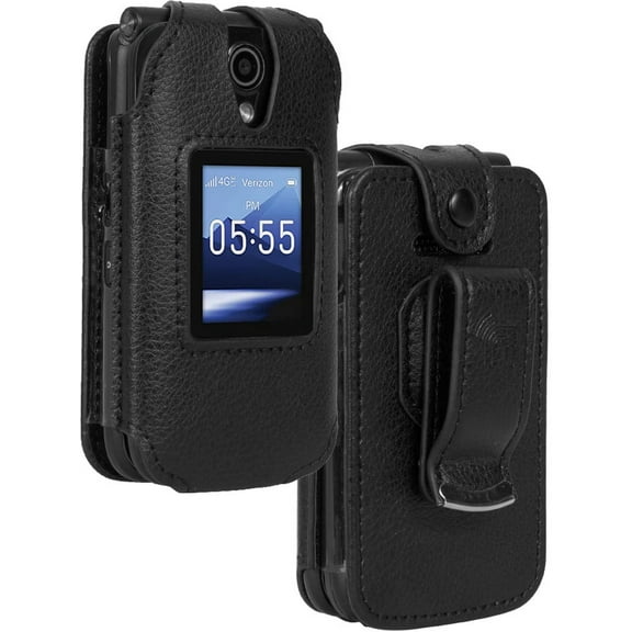 Case for Verizon Orbic Journey Pro / Lite Flip Phone, Nakedcellphone [Black Vegan Leather] Form-Fit Cover [Built-In Screen Protection] and [Metal Belt Clip] for R320L (2024)