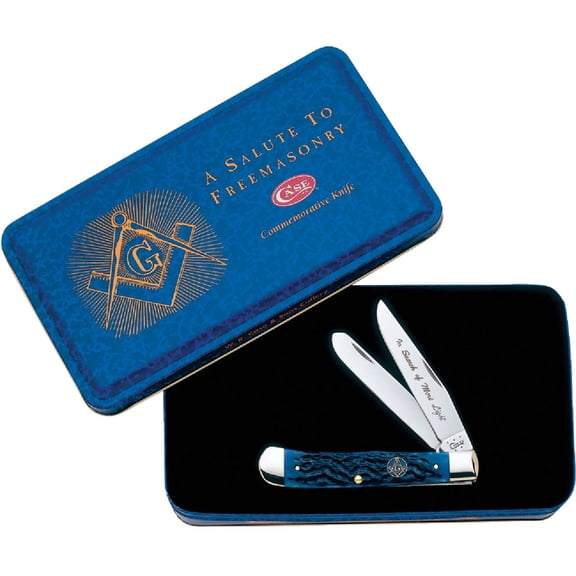 Case WR XX Pocket Knife Blue Bone Masonic Trapper W/Gift Tin Item #1058 - (6254 SS) - Length Closed: 4 1/8 Inches