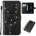 thumbnail image 1 of Case Wallet for Google Pixel 8 Pro with Wrist Hand Strap, Rhinestone Design Butterfly Flower Pattern Purse Case with Card Holder Kickstand, PU Leather Magnetic Clasp Shockproof Cover, Black, 1 of 7