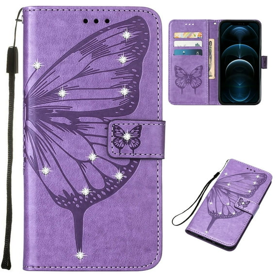 Case Wallet for Samsung Galaxy A05 with Wrist Hand Strap, Rhinestone Design Butterfly Flower Pattern Purse Case with Card Holder Kickstand, PU Leather Magnetic Clasp Shockproof CovLightpurple