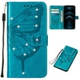 thumbnail image 1 of Case Wallet for Samsung Galaxy A15 with Wrist Hand Strap, Rhinestone Design Butterfly Flower Pattern Purse Case with Card Holder Kickstand, PU Leather Magnetic Clasp Shockproof Cover, Blue, 1 of 7
