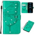 thumbnail image 1 of Case Wallet for Samsung Galaxy A35 with Wrist Hand Strap, Rhinestone Design Butterfly Flower Pattern Purse Case with Card Holder Kickstand, PU Leather Magnetic Clasp Shockproof Cover, Green, 1 of 7