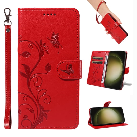 Case Wallet for Samsung Galaxy S20 with Card Slots, Embossed Pattern PU Leather Phone Case with Flip Kickstand Detachable Wrist Strap Magnetic Closure Case for Samsung Galaxy S20, Red